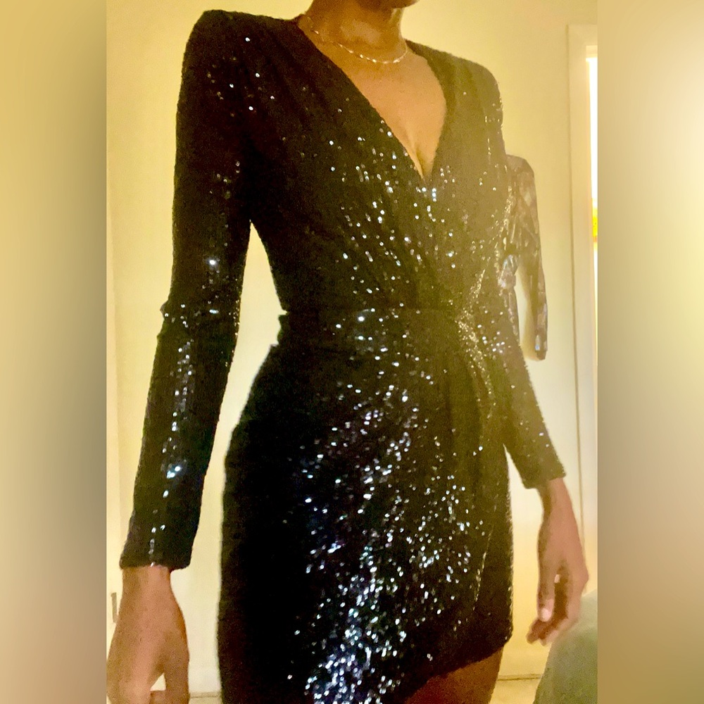 $445 Ramy Brook Women's Black Esme Sequin Long-Sleeve Mini Dress
